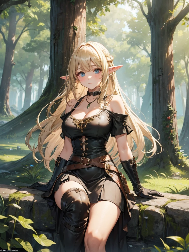 (Just one person) Features: A adventurer, fair-skinned elven woman, with elven ears, a curvy body, a thin waist, very large large bust, and wide hips. She has big sapphire blues eyes. Her hair is long blonde wolfcut style and half up half down with long curtain bangs and side bangs. Her expression is neutral. Outfit: She wears a adventurer's brown leather over-the-knee boots with laces, adventurer's brown gloves with straps that reach the elbow, a brown leather strap with ties, a very short black skirt, a low-cut green shirt with ruffles at the neckline and at the ends of the short sleeves and a necklace with a greenish diamond pendant. Setting: The place around her is a pine forest with light green leaves. The terrain has large gray stones and green grass.