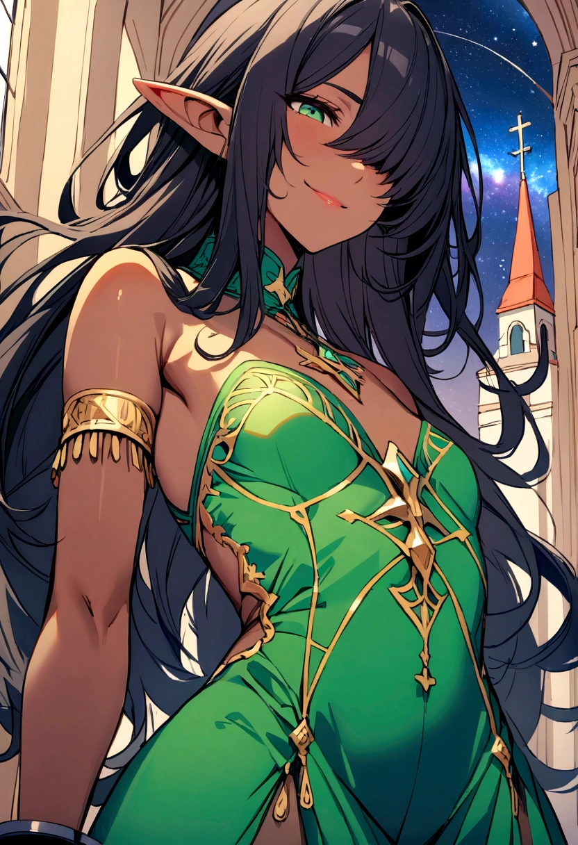 Clergy,flat chest ,pointy ears, hair over eyes ,black hair, jewelry. long hair, dark skin,
bare shoulders ,cuffs , green strapless dress ,shackles, smile,
upper body , hips,
church, milky way, windows,
(insanely detailed, beautiful detailed face, masterpiece, best quality)