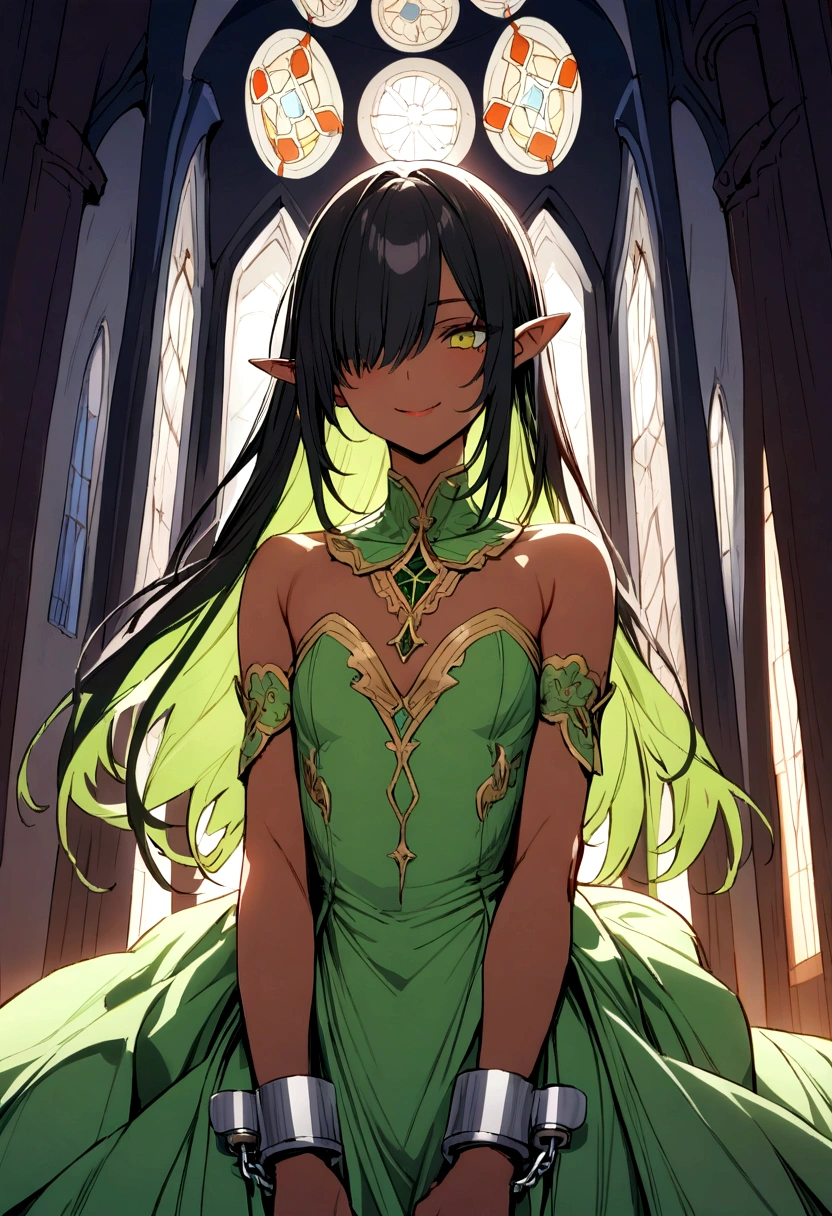 Clergy,flat chest ,pointy ears, hair over eyes ,black hair, jewelry. long hair, dark skin,
bare shoulders ,cuffs , green strapless dress ,shackles, smile,
upper body , hips,
church, milky way, windows,
(insanely detailed, beautiful detailed face, masterpiece, best quality)