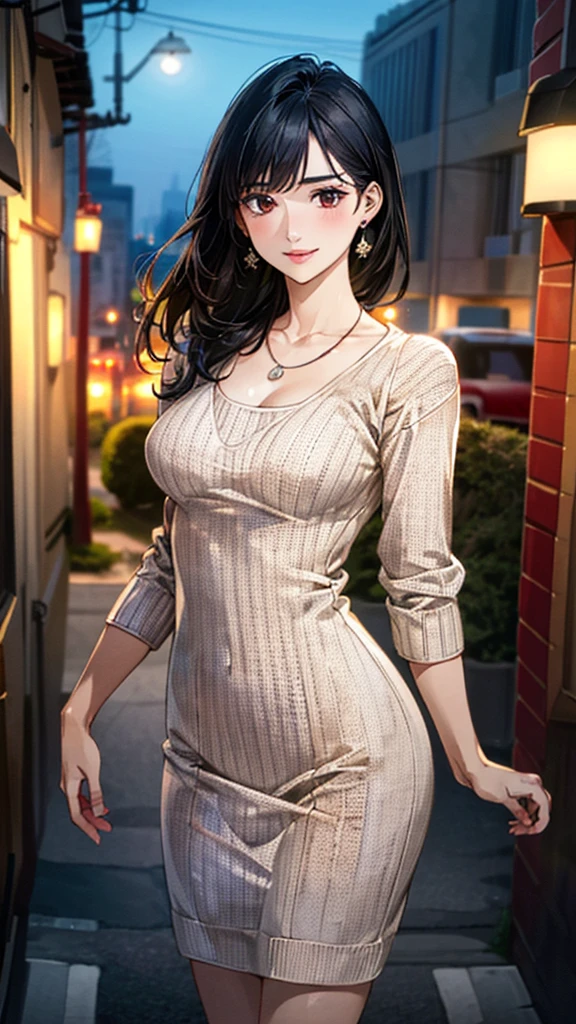 (masterpiece:1.3, Highest quality, Ultra-high resolution, Super detailed), (Realistic, photoRealistic:1.4), Beautiful illustrations, Perfect lighting, colorful, Depth of written boundary, 
Beautiful detailed hair, Beautifully detailed face, Beautiful fine details, Beautiful clavicle, Beautiful body, 美しいLarge Breasts, Beautiful thighs, Beautiful feet, Beautiful fingers, 
View Viewer、Front view:0.6, Beauty1人, Japanese, Beauty、30 years old, Perfect Face, (Perfect Anatomy, Anatomically correct), Cute and symmetrical face, Baby Face, , Shiny skin, 
((Bordeaux knit dress:1.4)),Handbags、
(Black Hair, Medium straight:1.4),  Dark brown eyes, Large Breasts, Slim body, 
necklace, Small earrings:1.1, 
(Beautiful views), (night), (city, cityscape in the distance), Standing with good posture, A soft smile、(Smile, Lips parted), 