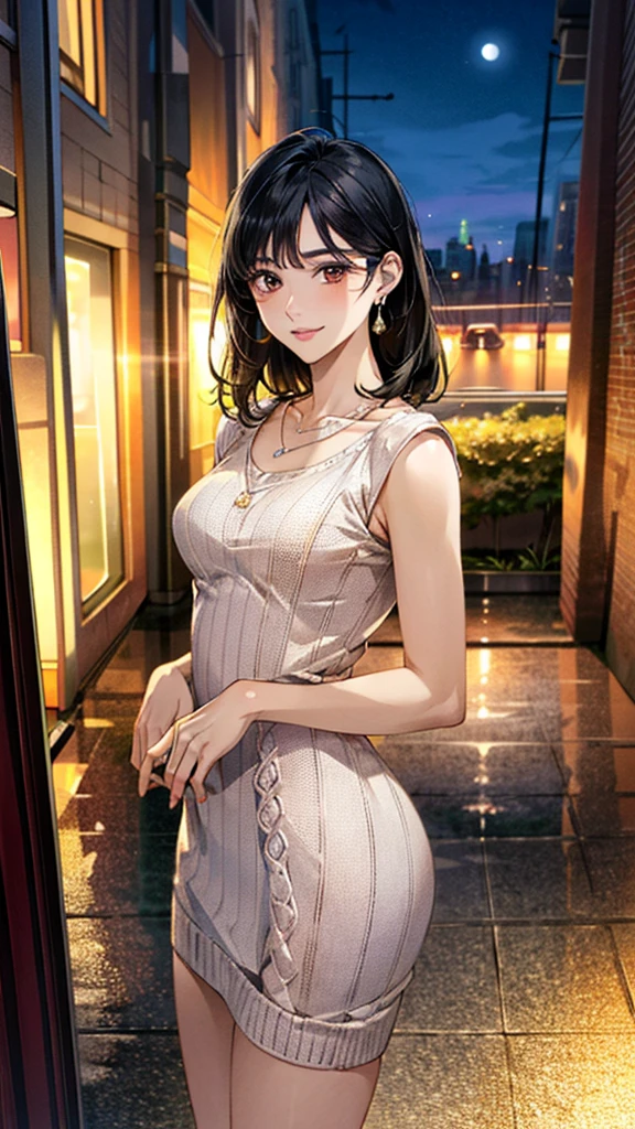 (masterpiece:1.3, Highest quality, Ultra-high resolution, Super detailed), (Realistic, photoRealistic:1.4), Beautiful illustrations, Perfect lighting, colorful, Depth of written boundary, 
Beautiful detailed hair, Beautifully detailed face, Beautiful fine details, Beautiful clavicle, Beautiful body, 美しいLarge Breasts, Beautiful thighs, Beautiful feet, Beautiful fingers, 
View Viewer、Front view:0.6, Beauty1人, Japanese, Beauty、30 years old, Perfect Face, (Perfect Anatomy, Anatomically correct), Cute and symmetrical face, Baby Face, , Shiny skin, 
((Bordeaux knit dress:1.4)),Handbags、
(Black Hair, Medium straight:1.4),  Dark brown eyes, Large Breasts, Slim body, 
necklace, Small earrings:1.1, 
(Beautiful views), (night), (city, cityscape in the distance), Standing with good posture, A soft smile、(Smile, Lips parted), 