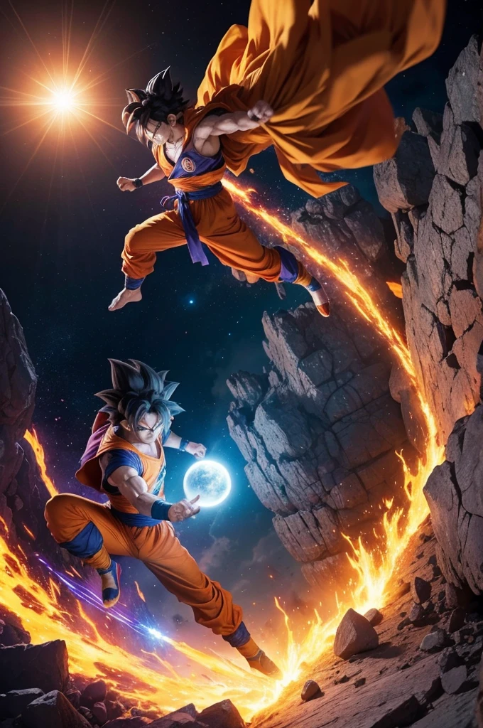 Goku lutando contra o Thanos em uma arena feita de pedra