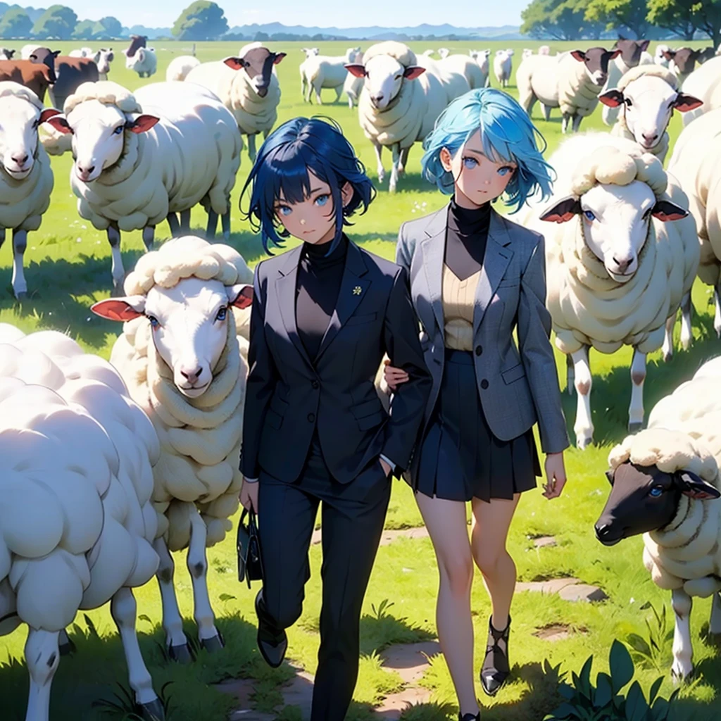  girl (blue hair),(blue eyes),(Wear a simple, elegant, plain black skirt suit.),(The background is a grass field with many cute sheep monsters.)