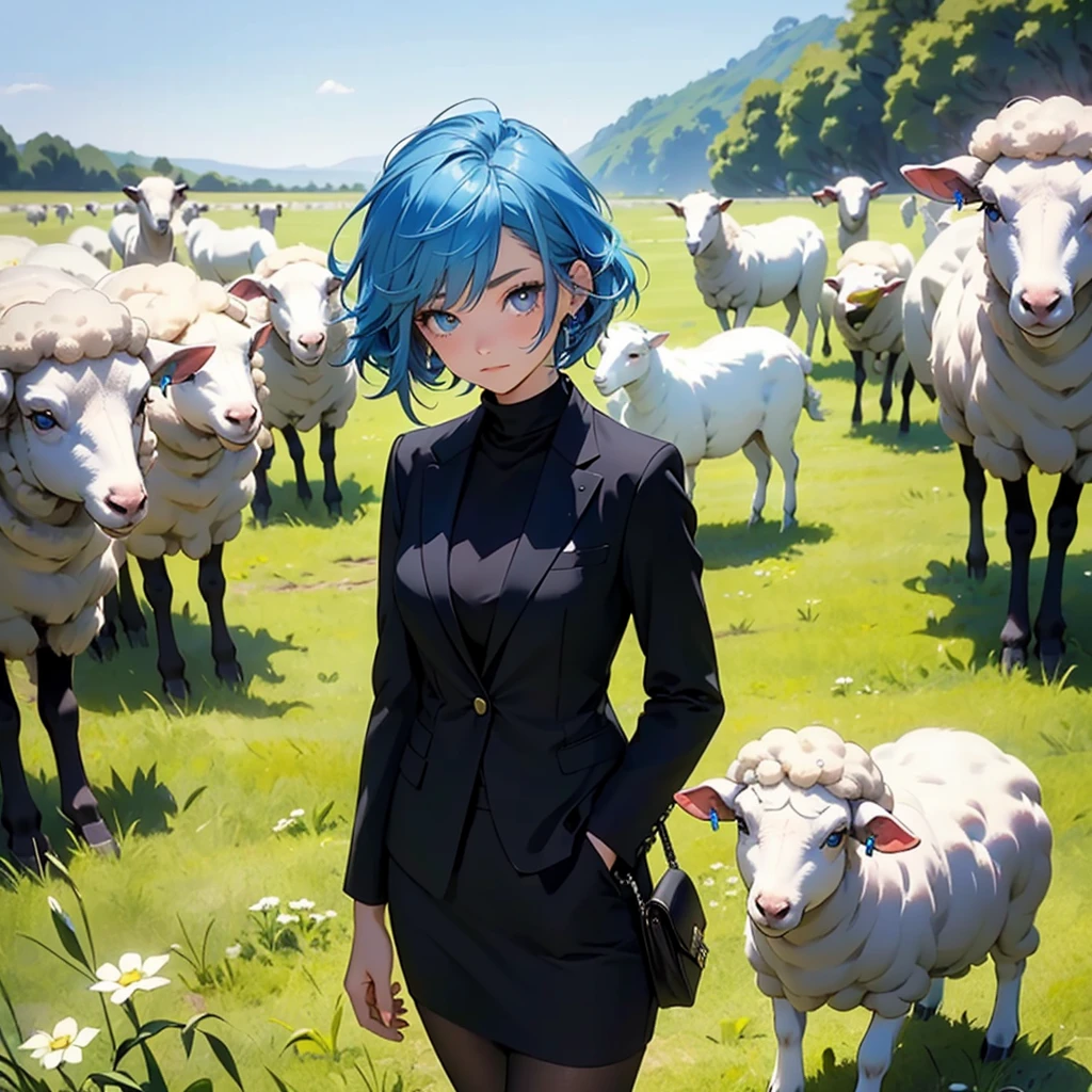 teenage girl (blue hair),(blue eyes),(Wear a simple, elegant, plain black skirt suit.),(The background is a grass field with many cute sheep monsters.)
