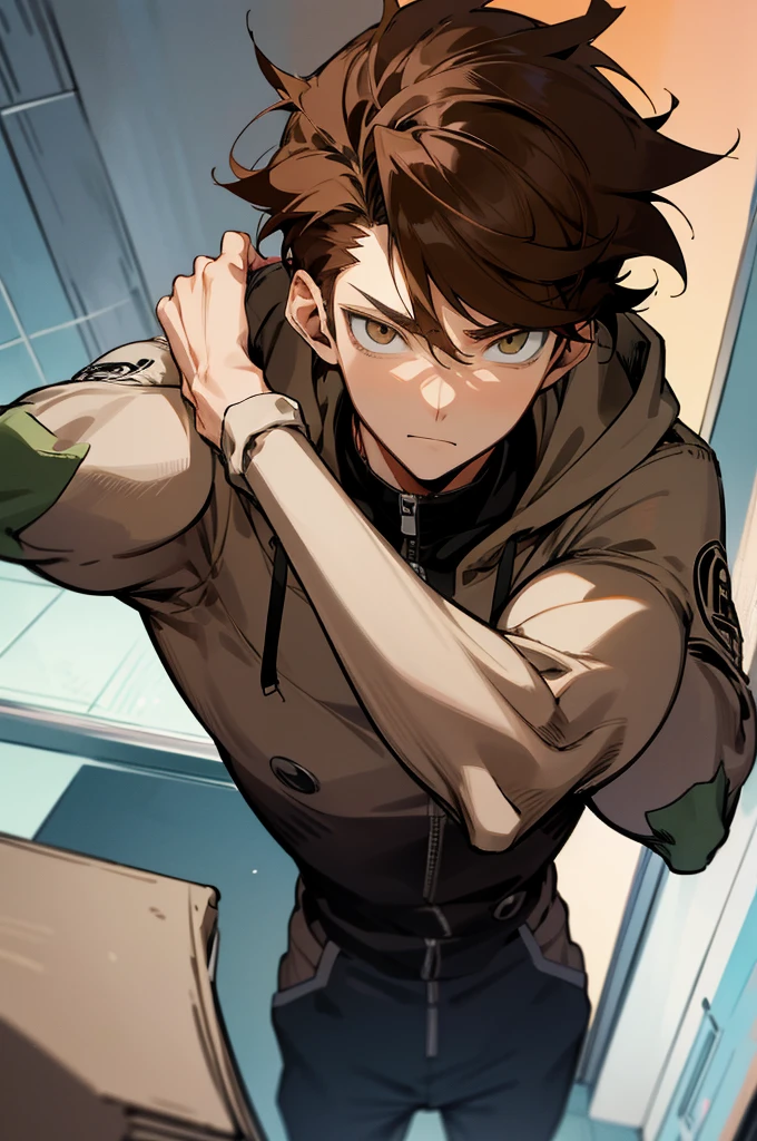 anime guy in hoodie , anime handsome man, anime boy, male anime character, handsome anime pose, male anime style, tall anime guy with hazel eyes, anime portrait of a handsome man, he has brown hairs, as hair color, with short hair and diffrent hairstyle, hero art