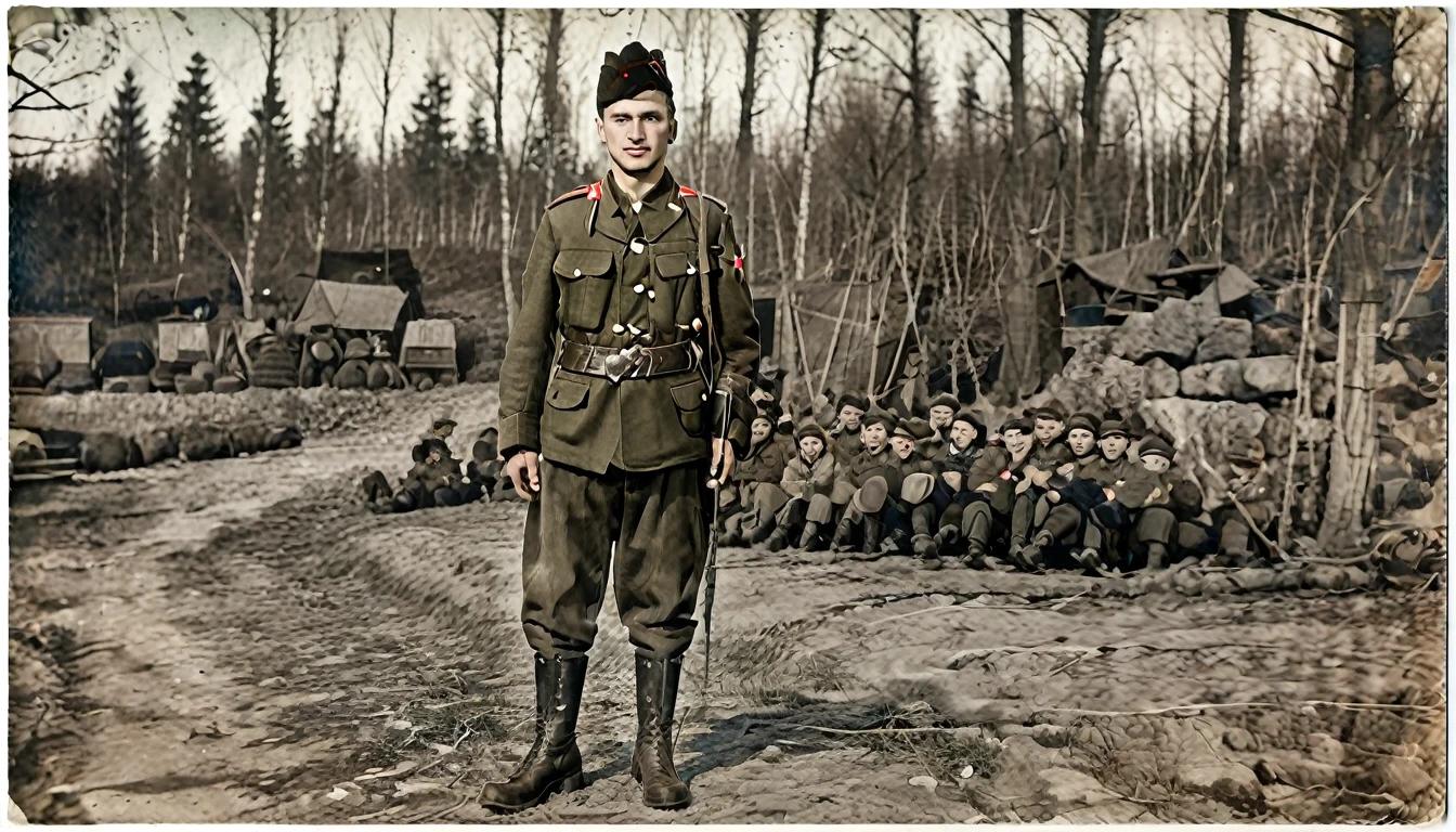 (best quality:1.3), (Best Performance:1.2), (best illustrations:1.2), (art film light:1.2) (1 person), (Highly detailed), (Highly detailed Tall), (very detailed), (realistic), (extra sharp), (8k), (1 person) Year 1939, Young man aged 17-18 years , Dark green jacket, red turtleneck, The jacket has a red four-pointed star on the lapel.., Wearing a black vest throughout.., Wearing light green M35 Harovari pants..., Military boots, Wear a Soviet Pilotka Cap.(clamp cap) There is a red star attached to it.., Eastern Slavs(Soviet Union), Soviet Union, World War 2, ww2 old photos, ww2 military camp,