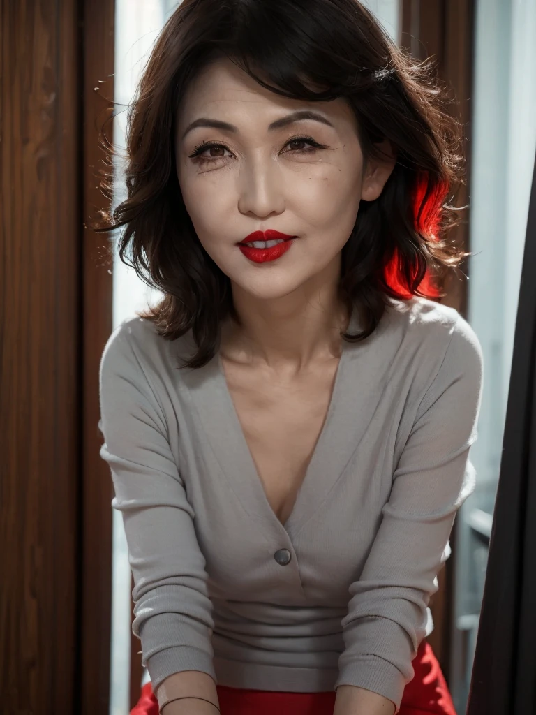 NSFW, ((highest quality)), ((8K)), ((masterpiece:1.3)), (perfect look), (photorealism:1.6), (walking woman), (Japanese woman shopping), (A shopping mall where many people go), clear background, (grayscale: 1.6), japanese woman, 47 years old, ((Realistic skin texture)), (Fine wrinkles throughout the skin: 1.3), (Dull skin: 1.1), (Skin without moisture: 1.2) , (Wrinkles on the face: 0.9), (Wrinkles on the corners of the eyes: 1.2), Double eyelids, tear bags on the lower eyelids, (Crying moles: 0.9), The eyes are looking here, serious gaze, (Dimples: 1.2), red lips, (short bangs: 1.2), short hair, Long hair with curls at the tips, (hair falls over ears), smiling with the corners of the mouth raised, soft fabric blouse, wide sleeves, Cuffs that fit your wrist, long skirt, barefoot, hair fluttering in the wind, small breasts, (Only women's lips are colored: 1.6), BREAK(bright red lips: 1.6),BREAK (whole body: 1.4), Angle from feet: 1.4,