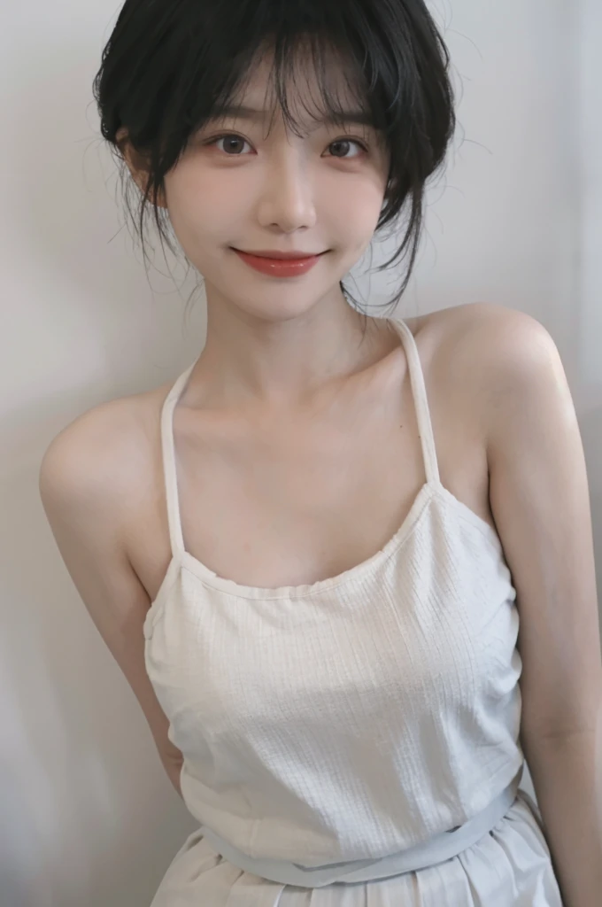 Beautiful woman with perfect figure:1.4，Ultra-high resolution，Blink，White background，（lifelike：1.4），Layered Hairstyle，Lovely smile，White skin，Bikini:1.5，Super short pleated skirt，whole body，Very delicate face and skin texture，Double eyelids，Skin Whitening，short hair，White hair