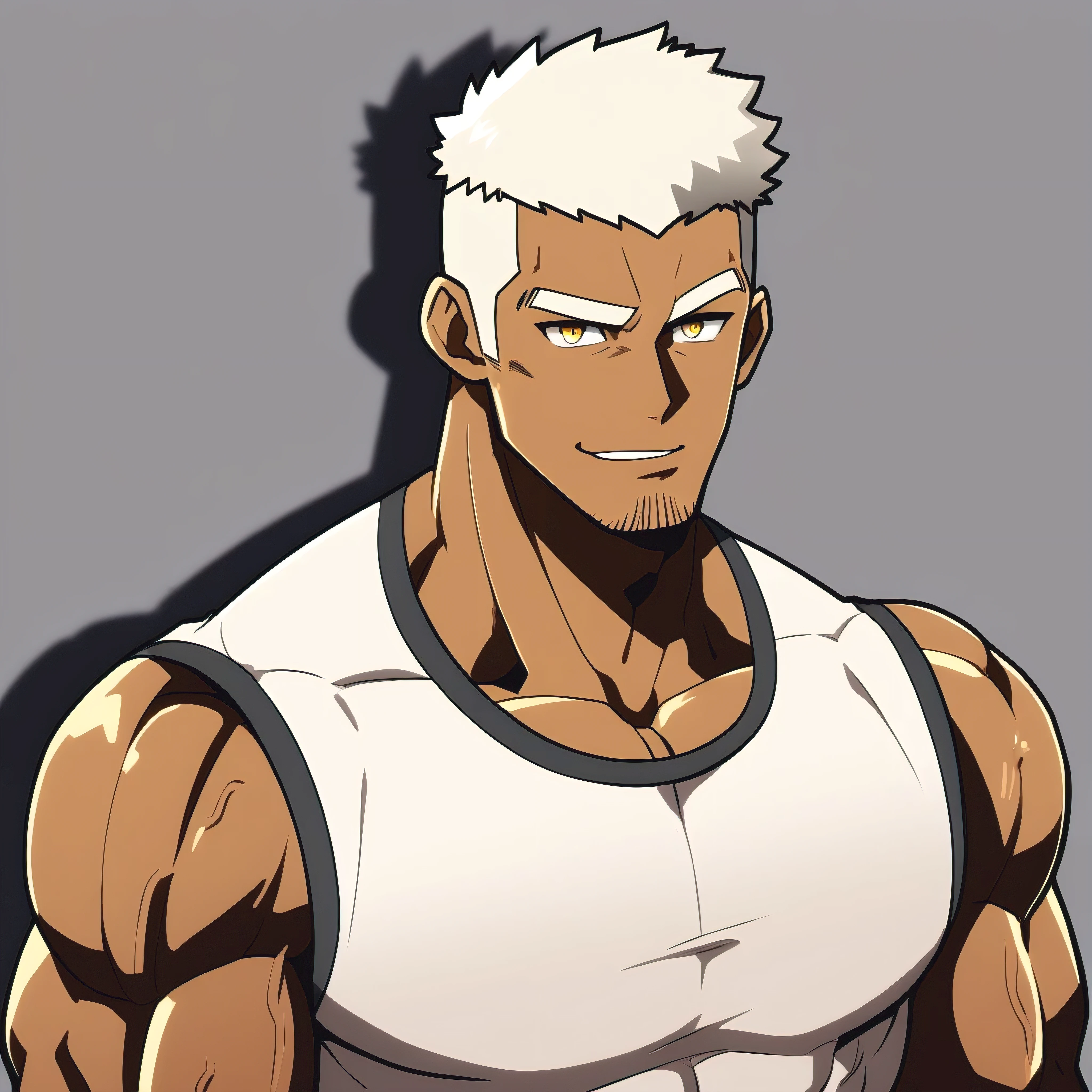 negro,negro,negro,anime characters:Gyee, Fitness coach, negro black skin, 1 muscular tough guy, Manliness, male focus, Cream White Sleeveless Tight T-Shirt, Very tight, The pectoral muscles are oversized, Slightly transparent, muscular male, muscular, only, Upper body, alone, White short hair, Thick eyebrows, stubble, Yellow eyes, Grey background, simple background, amazing quality, best aesthetics, Ridiculous, bright pupils, crew cut, parted lips, seductive smile, torogao, naughty face, drop shadow, best quality