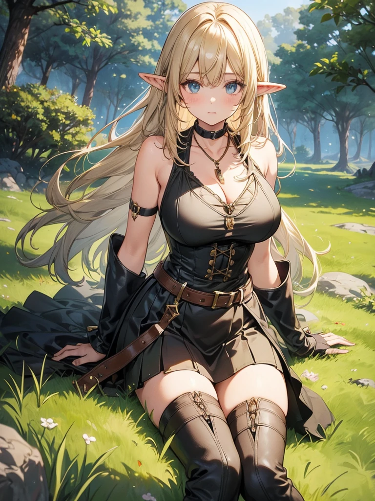 (Just one person) Features: A adventurer, fair-skinned elven woman, with elven ears, a curvy body, a thin waist, very large large bust, and wide hips. She has big sapphire blues eyes. Her hair is long blonde wolfcut style and half up half down with long curtain bangs and side bangs. Her expression is neutral. Outfit: She wears a adventurer's brown leather over-the-knee boots with laces, adventurer's brown gloves with straps that reach the elbow, a brown leather strap with ties, a very short black skirt, a low-cut green shirt with ruffles at the neckline and at the ends of the short sleeves and a necklace with a greenish diamond pendant. Setting: The place around her is a pine forest with light green leaves. The terrain has large gray stones and green grass.