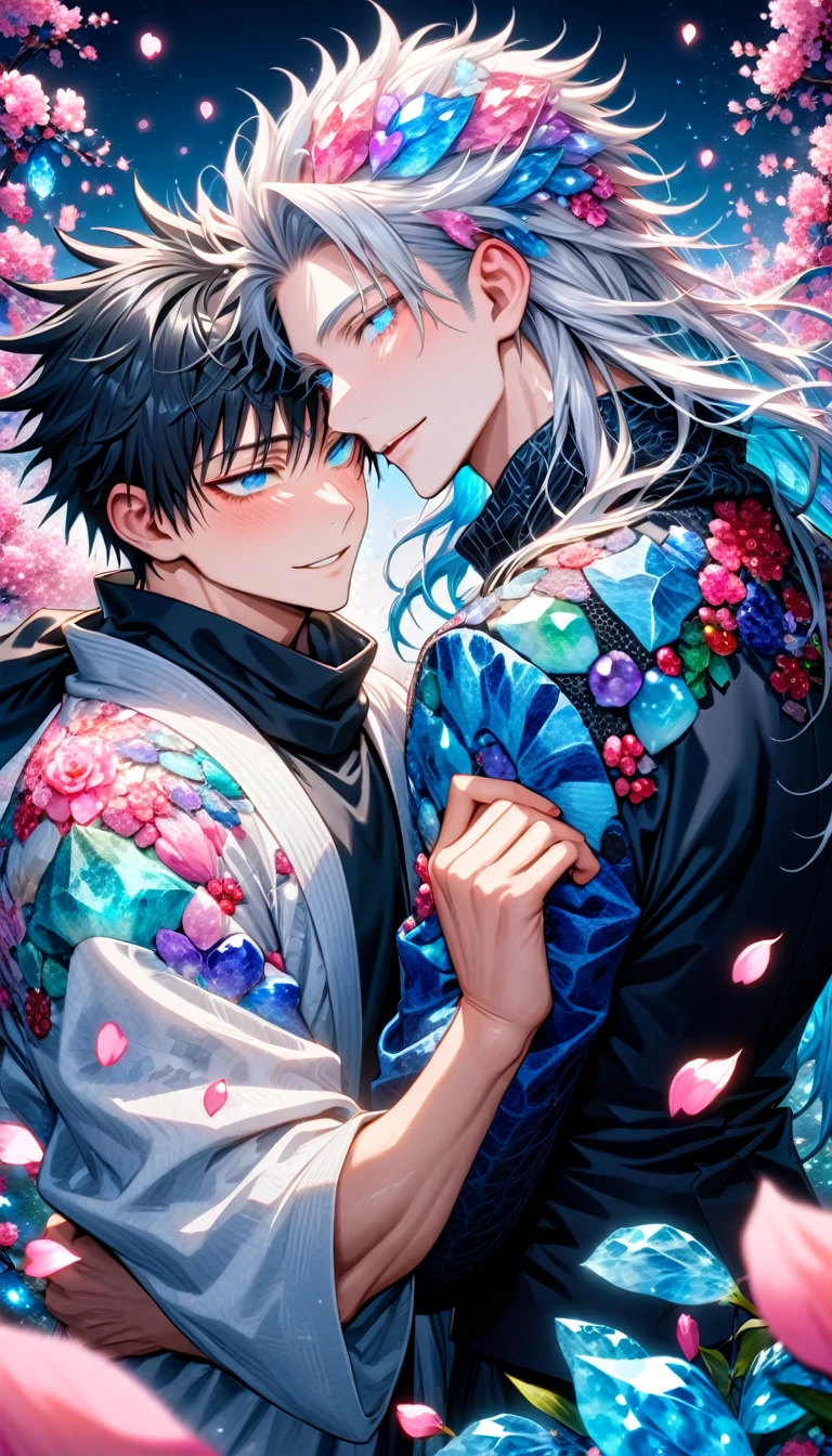 Ultra detailed, Highres, absurdres, HDR, Gojou Satoru, white hair with bangs, white eyelashes, long hair, expressive blue eyes, Fushiguro Megumi, black hair, expressive blue eyes, long hair, white haori with patterns, black shirt, black scarf, Jujutsu Kaisen, fantasy, petals, handsome, two sexy man together, gay couple, love, yaoi, very detailed eyes and face, master piece, pink flowers, blossoms, pink petals, magical, water, handsome smile, shining blue fireflies
