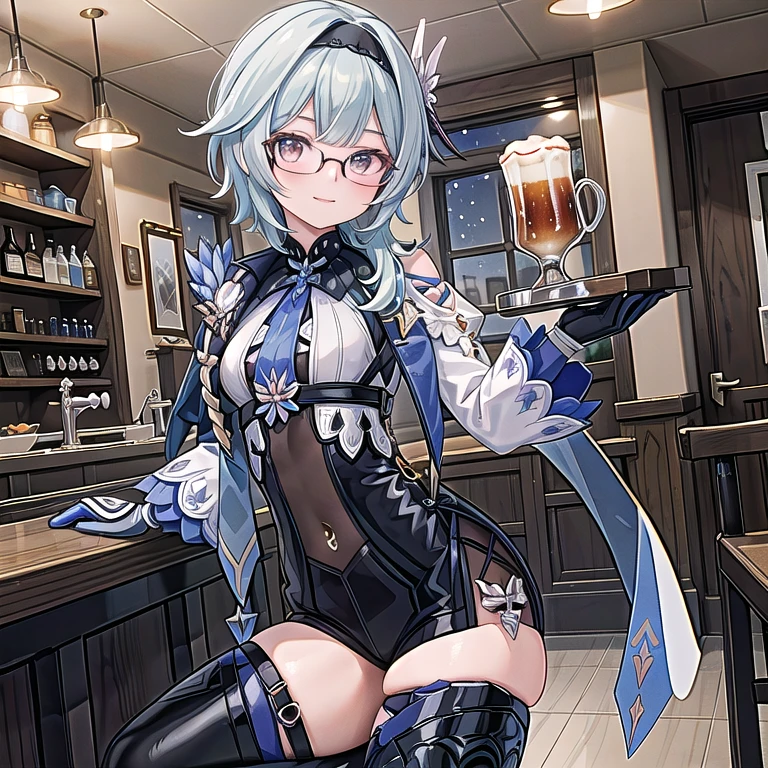 eula lawrence sozinha, sentada em uma mesa de bar, a noite, Starry sky, tomando cerveja, sorrindo, rosto corado, with prescription glasses