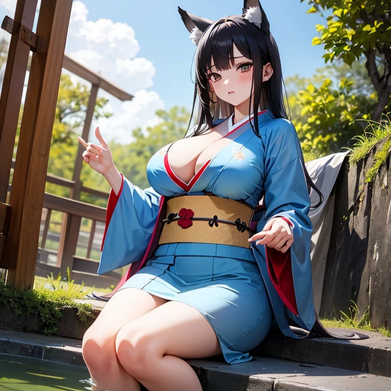 One Girl, Fox Girl, Nine-Tailed Fox,Fox Ears, Black colored hair, Fox Makeup,One Girl, Kimono with open chest, Body size is 100-70-90!, Nice body, Avatar, face, Open chest,  face, Domiepresentation, naughty face, Big Breaste cleavage,Show bare sk is visible, With legs apart, Show off your thighs, M-shaped legs, A beautifully patterned kimono,Red and black flowing water pattern kimono, I can see her cleavage, I can see your undeipples, See-through, Plump body, MusUplifting, Abdominal muscles, Exposed skin, Long Hair, Skin Texture, Soft breasts, Large Breasts, Standing in a grassy outside, Blue position facing directly ahead, Grab your breasts with both hands, Fingers digging into breasts, Devtal atmosphere, god秘的な絵, god々Cool atmosphere