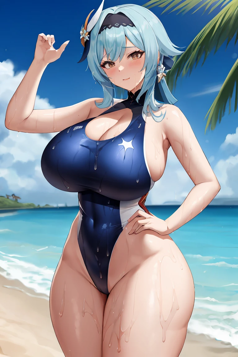 Eula, genshin impact, one-piece swimsuit, thick thighs, posing, beach, blue Hair, busty, wide hips, big breasts , naughty, solo, wet, milf, hairband, hair ornament