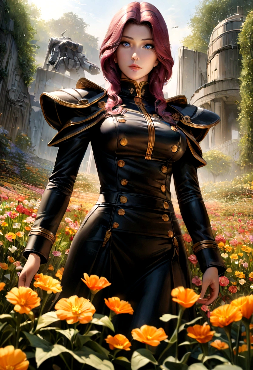 thick outlines, comics, photorealistic, perfect hands, masterpiece:1.2, mecha, flower garden, 1girl, solo, standing, cornelia_li_britannia, cornelia_military_uniform, medium breast, detailed background, detailed face, detailed eyes,
