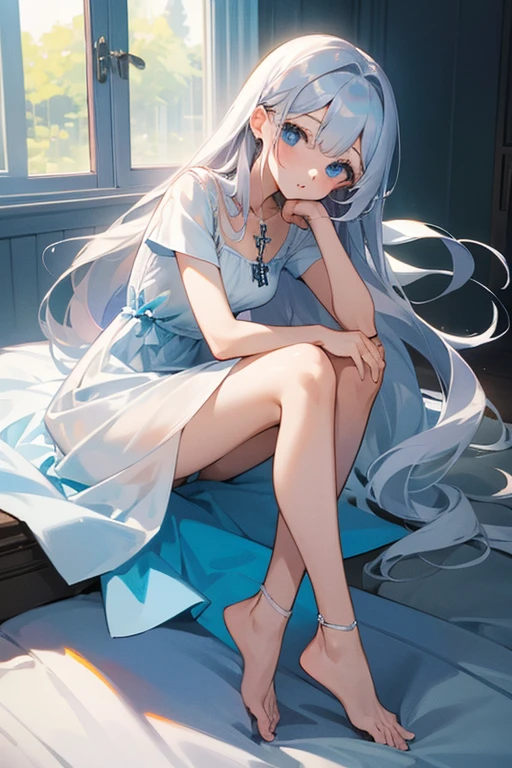 woman、Gray Hair、Long Hair、Blue Eyes、cute、beautiful girl、White dress、Sitting、Ankle-length underwear、Pull on your underwear、Cross Necklace、Transparency、beautiful、
