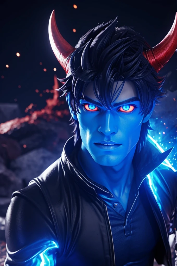 Un chico en 3D demonio con ojos azules dos cuernos a cola de demonio que se anime y que se vea todo el cuerpo