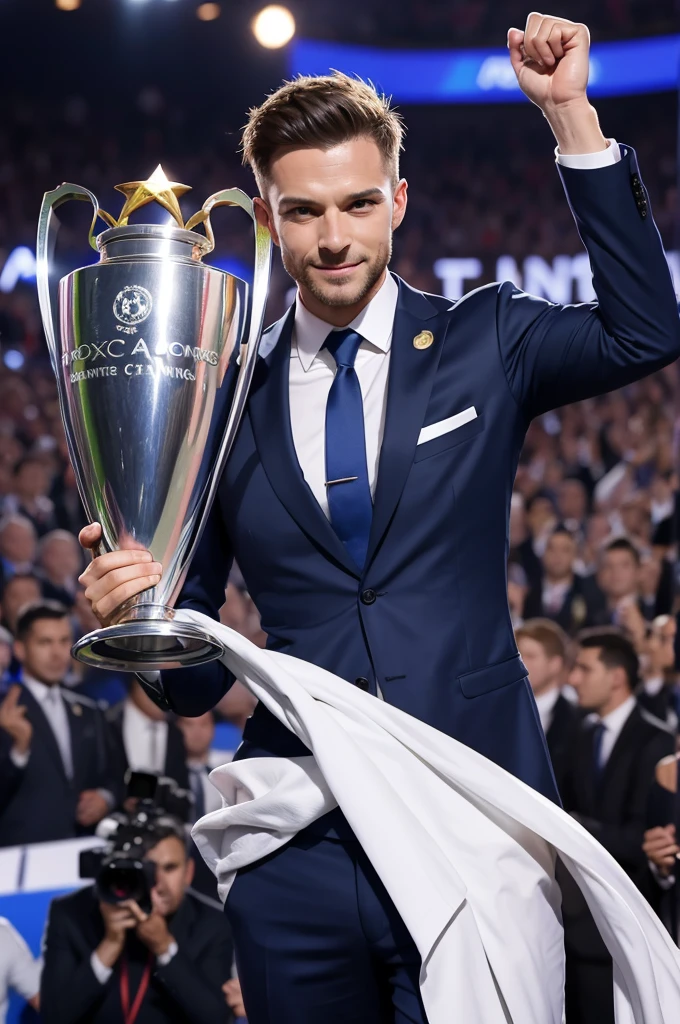 Fox in a suit raising the Champions League trophy