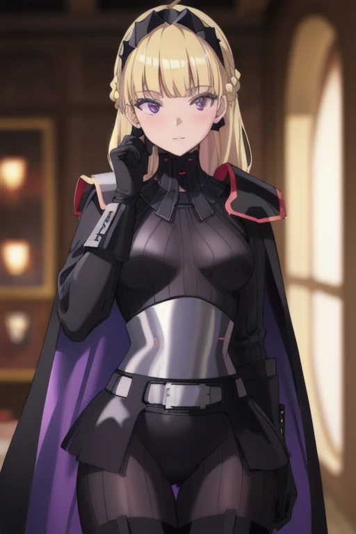 8k,highres,absurdres,masterpiece,best quality,original,extremely detailed CG,extremely detailed wallpaper,perfect lighting,1girl,solo,blurry_background,looking_at_viewer,
AmSW,long hair,blonde hair,black gloves,purple eyes,black hairband,cape,black bodysuit,medium breasts,braid,blunt bangs,