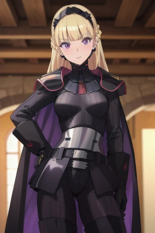 8k,highres,absurdres,masterpiece,best quality,original,extremely detailed CG,extremely detailed wallpaper,perfect lighting,1girl,solo,blurry_background,looking_at_viewer,
AmSW,long hair,blonde hair,black gloves,purple eyes,black hairband,cape,black bodysuit,medium breasts,braid,blunt bangs,
