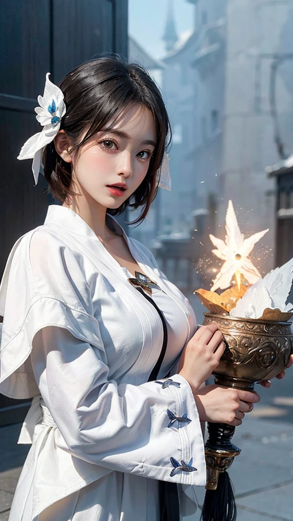 (Highest quality, masterpiece:1.3), shape, ((Beautifully detailed face)), Beautiful and detailed skin, Intricate details, Very detailed, Best image quality in 8K,Fantasy,A world of swords and magic,ファイナルFantasy,(White Mage:1.5), (18-year-old female:) (Large Breasts:1.2),Japanese girl,Baby Face,(Detailed Hair,Bobcut:1.6,Black Hair),Detailed lips,Open your mouth,blush,Embarrassing,(whole body:1.8), Realistic Face,Realistic Skin,(Vibrant Skin),Vivid lips,Lip gloss