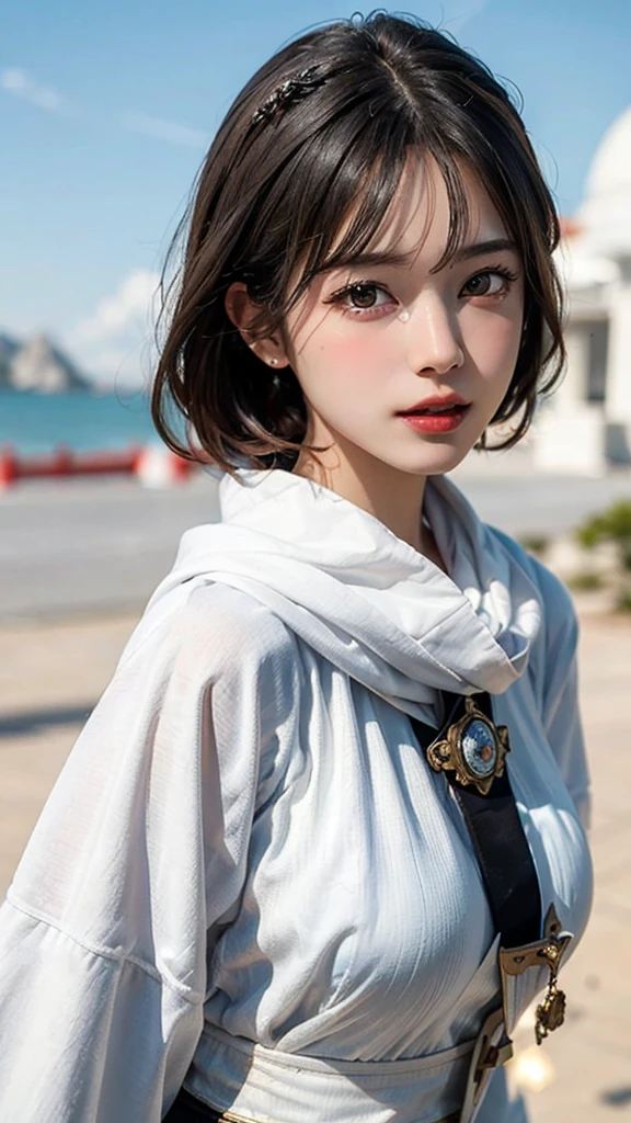 (Highest quality, masterpiece:1.3), shape, ((Beautifully detailed face)), Beautiful and detailed skin, Intricate details, Very detailed, Best image quality in 8K,Fantasy,A world of swords and magic,ファイナルFantasy,(White Mage:1.5), (18-year-old female:) (Large Breasts:1.2),Japanese girl,Baby Face,(Detailed Hair,Bobcut:1.6,Black Hair),Detailed lips,Open your mouth,blush,Embarrassing,(whole body:1.8), Realistic Face,Realistic Skin,(Vibrant Skin),Vivid lips,Lip gloss