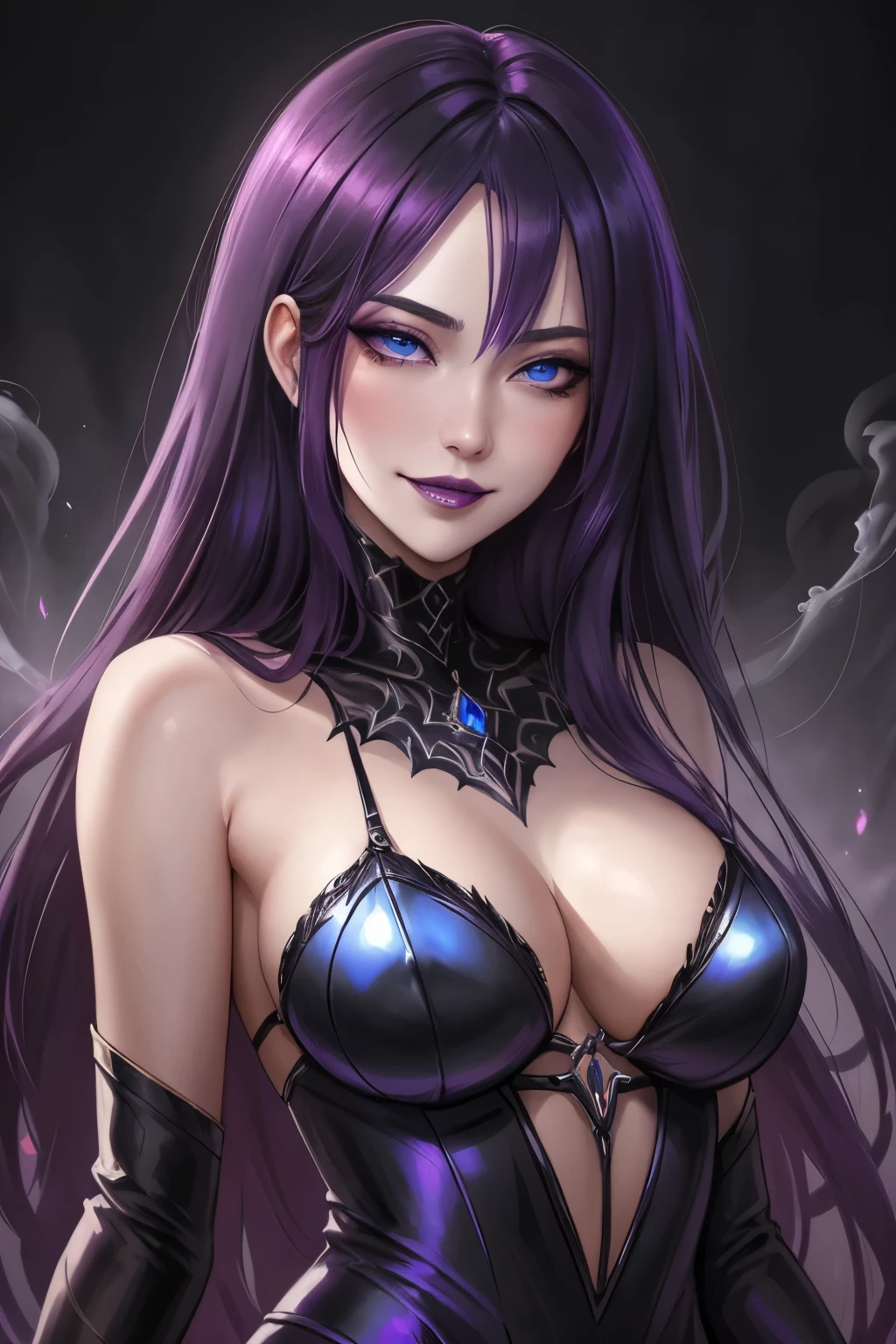 強力なスーパーevil女がクローズアップでポーズをとる, Black Goddess (Bare shoulders), length, Flowing purple hair, View your audience, Highly detailed face, Perfect hands, Blue smoke swirling around her, evil事を愛する, Captivating blue eyes, Dark fantasy, , realistic girl rendering, 8k artistic german bokeh, Enchanting girl, Real Girls, Gurwitz, Gurwitz-style artwork, Girl Roleplay, Realistic 3D style, cgstation Popular Topics,, 8K Portrait Rendering,(truth,truth:1.4)、Genuine, Symmetric, High detail, Esoteric arachnids lady, Spider Queen Elise, League of Legends, Esoteric arachnids, Combat Stance, ( The body is made with liquid metallic paints in metallic mauve and metallic black..、It beautifully depicts the female form..。), length, Sharp Fangs, nature, ((Complex metallic colors in the foreground)), (( Fluid Mechanics, The most beautiful smooth scale face makeup, Smirking expression)) - Dark blood, Onyxia、Noir painting of a beautiful young witch, length purple hair, dark purple lips, evil, evil女, smile, Black Prom Dress, She is coming to you, close, Bright Blue Eyes, Surrounded by swirling pink smoke, Genuine, High detail, Highest quality