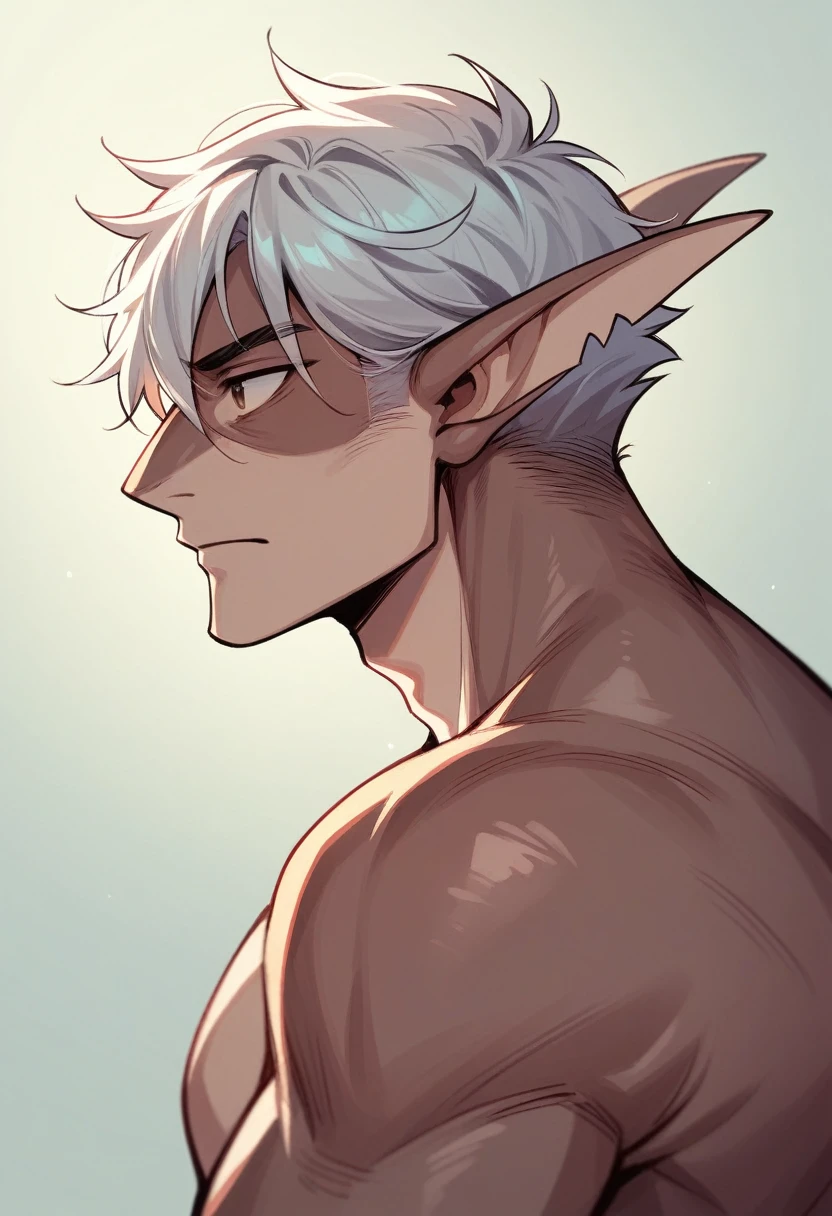 Handsome young man, elf ears, blue eyes, white hair, forest background, dick