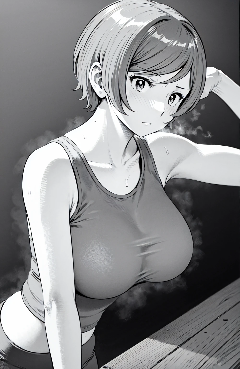 Grey sports bra、Grey pantieasterpiece、Highest quality)、Highest quality, Ultra-high resolution, (((masterpiece))), alone, Sweat、Big eyes, Please show me your armpits, Composition from the front、（Short back hair、short hair、blonde、woman）、(Manga style:1.1)、Shortcuts、Embarrassed face、Cut your hair short、可愛いwomanの子、Big Breasts