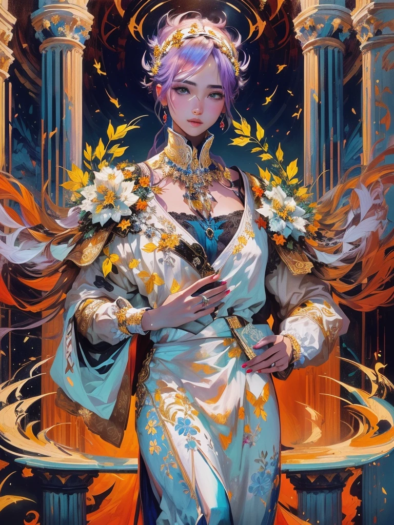 personnage d'anime with a sword and wings standing in front of a building, Alphonse Mucha et Rossdraws, jc leyendecker et sachin teng, beau mec dans l'art du tueur de démons, beau prince androgyne, inspired by Kris from Deltarune, art officiel, délicat prince androgyne, Detailed fanart, highly detailed exquisite fanart, white-haired deity, illustration du personnage officiel, 1boy, alone, 25 years old, young, white hair, blue eyes, insister sur les reflets des yeux bleus, cheveux blancs, mid lenght hair, bowl haircut, bowl hair cut, boss, formal business outfit, white outfit, white clothes, raising an eyebrow, smiling, hades style, hades game, Jen zee style, greek themed image, greek background, hypnos, tartarus scenery, fumes, greek columns in background, lots of columns, greek architecture, white themed image, white furniture, orange touches of color, orange walls, looking at viewer, holding a balance, fairy tail Libra character design, libra clothes, libra accessories, hades game wiki obols, hades, game, obols