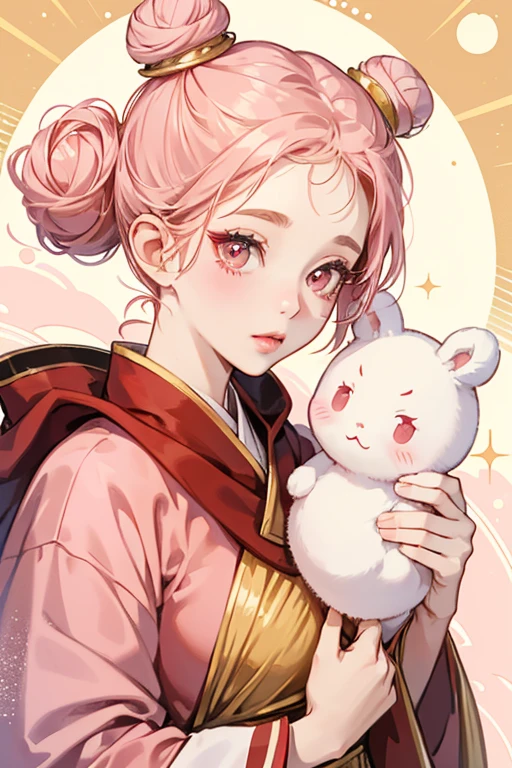 Yumchatchi has white skin, pink cheeks, small light pink lips, and dark oval-shaped eyes with three eyelashes each. Her head is shaped like a steamed bun, and she has two small buns on each side of her head with red bun covers. She wears a red robe with gold trim. SPARKLE; GLITTER