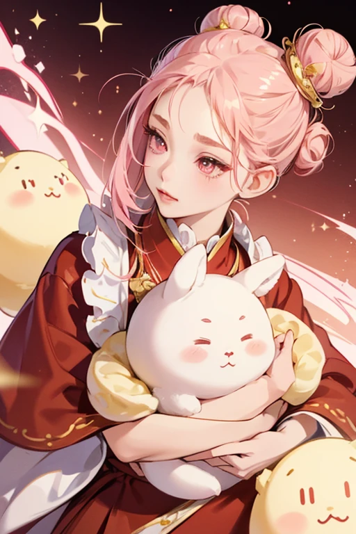 Yumchatchi has white skin, pink cheeks, small light pink lips, and dark oval-shaped eyes with three eyelashes each. Her head is shaped like a steamed bun, and she has two small buns on each side of her head with red bun covers. She wears a red robe with gold trim. SPARKLE; GLITTER
