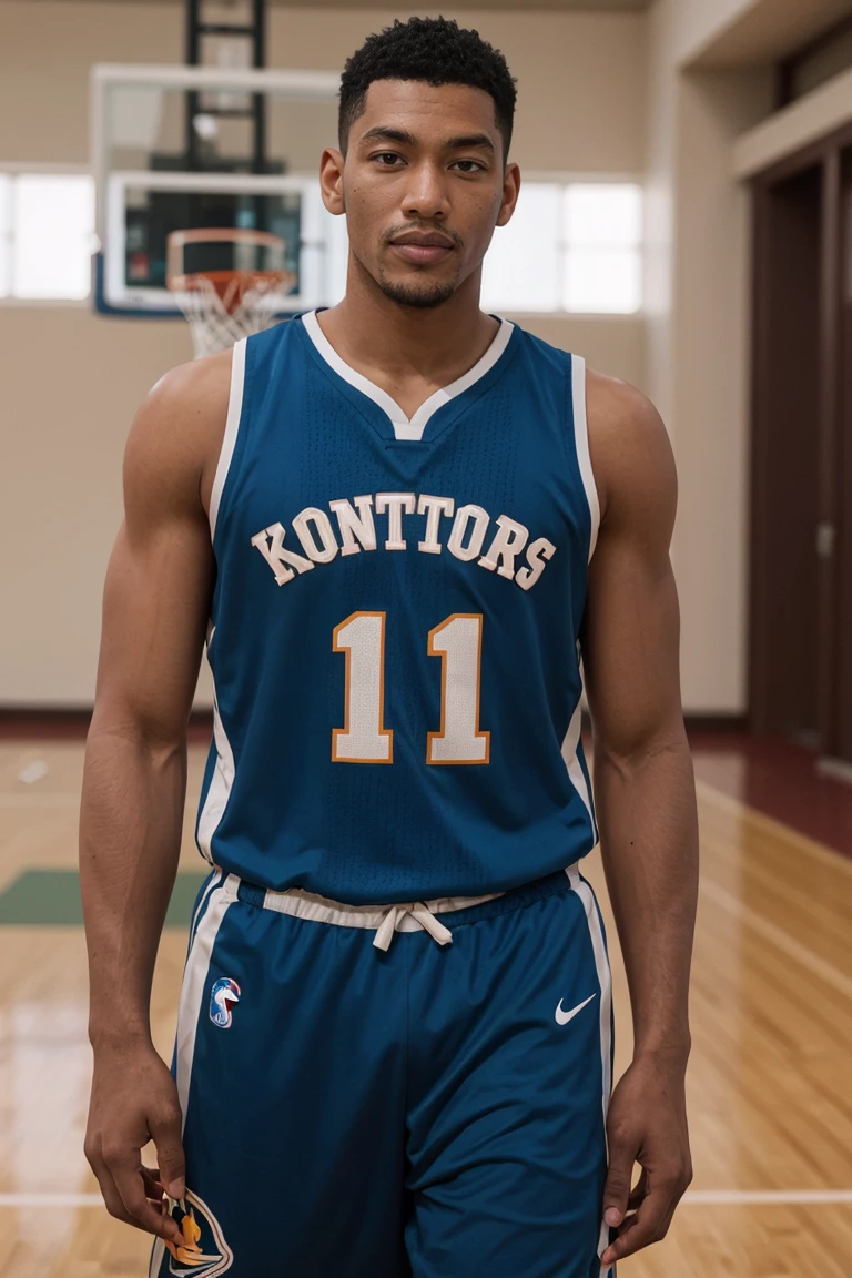 shot by Sony a7 IV Mirrorless Camera, natural light, analog film photo, Kodachrome ,handsome aomine daiki ,basketball player ,dark skin