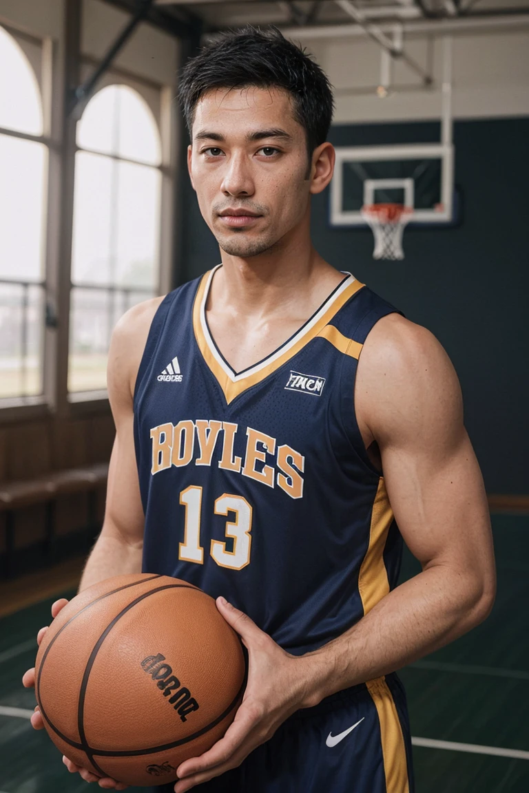 shot by Sony a7 IV Mirrorless Camera, natural light, analog film photo, Kodachrome ,handsome aomine daiki ,basketball player ,dark skin