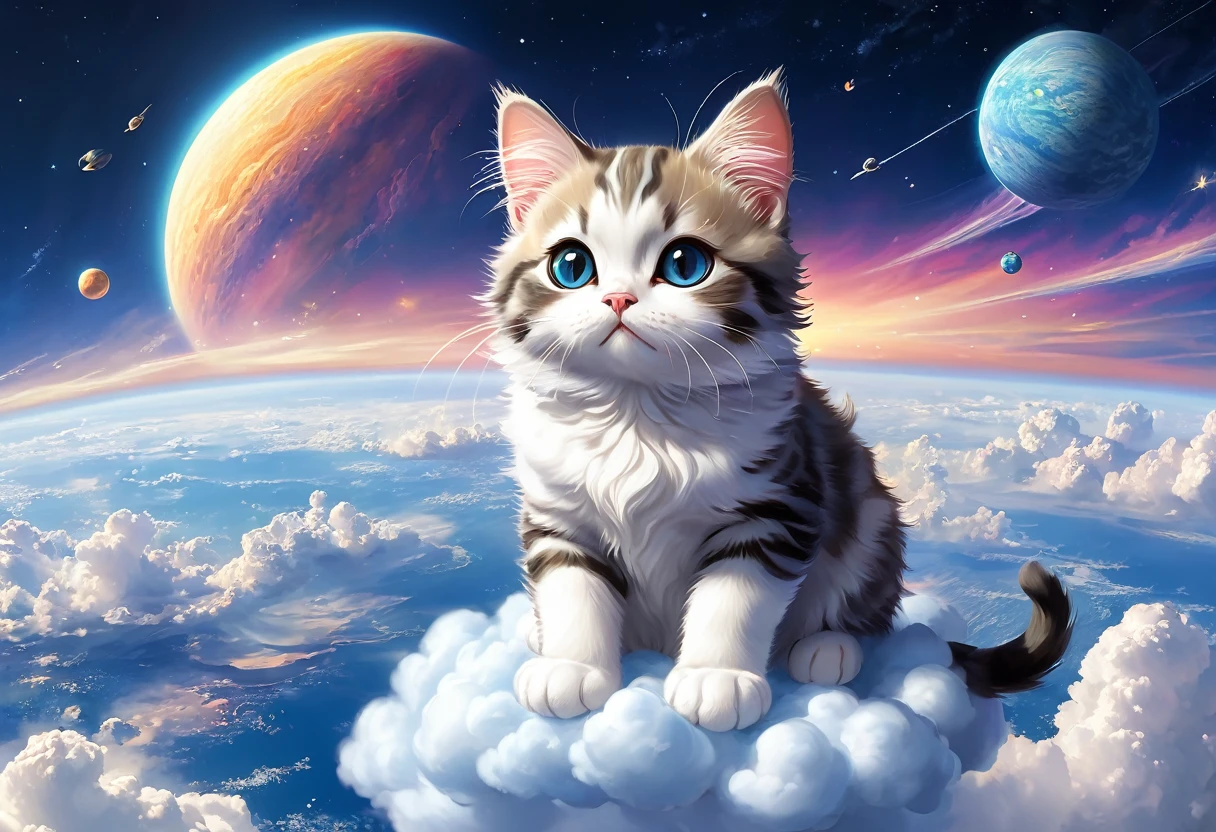 there is a Cat that is sitting on a cloud in the sky, adorable Digital Painting, Cute and detailed digital art, Cute digital art, realistic anime Cat, Dream Animal Cute Eyes, Cat. Digital Painting, anime Cat, Cute and detailed artwork, 宇宙の子Cat, Cat in space, anime visual of a cute Cat, warrior Cats fan art, Cat Cat dreamCats