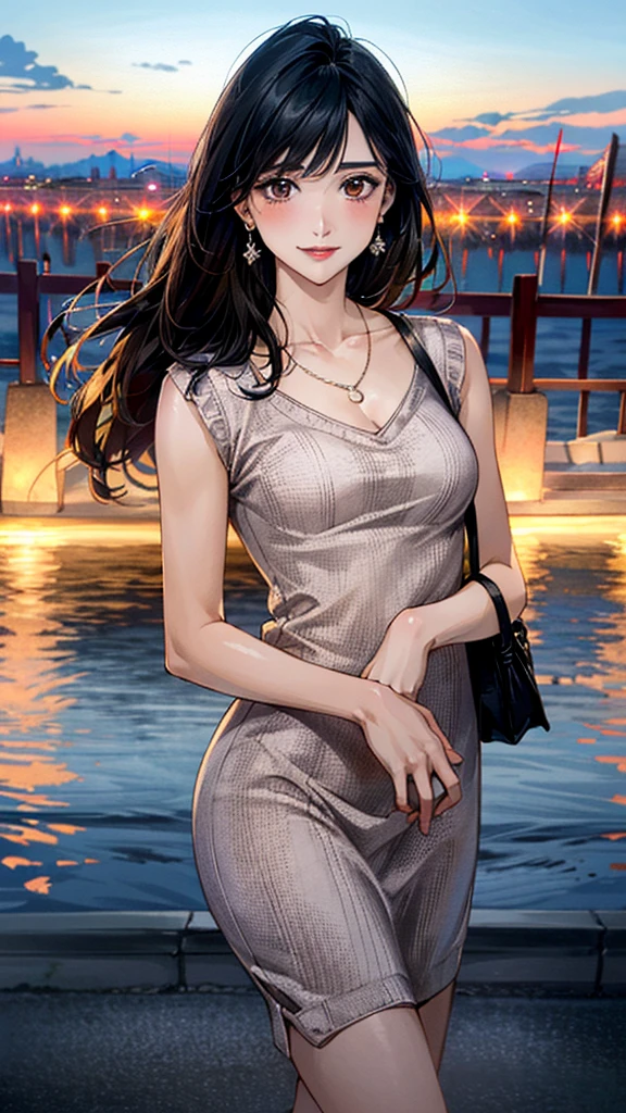 (masterpiece:1.3, Highest quality, Ultra-high resolution, Super detailed), (Realistic, photoRealistic:1.4), Beautiful illustrations, Perfect lighting, colorful, Depth of written boundary,
Beautiful detailed hair, Beautifully detailed face, Beautiful fine details, Beautiful clavicle, Beautiful body, 美しいLarge Breasts, Beautiful thighs, Beautiful feet, Beautiful fingers,
View Viewer、Front view:0.6, Beauty1人, Japanese, Beauty、30 years old, Perfect Face, (Perfect Anatomy, Anatomically correct), Cute and symmetrical face, Baby Face, , Shiny skin,
((Bordeaux color:1.3, Knit dress:1.4)),Handbags、
(Black Hair, Medium straight:1.4), Dark brown eyes, Large Breasts, Slim body,
necklace, Small earrings:1.1,
(Beautiful views), (night), (city, cityscape in the distance), Standing with good posture, A soft smile、(Smile, Lips parted),