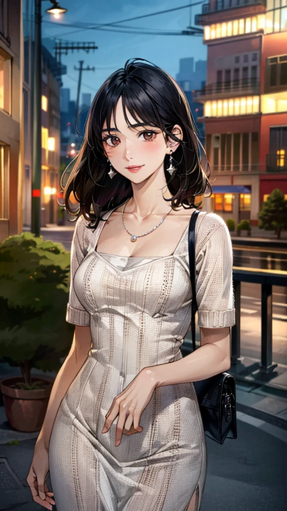 (masterpiece:1.3, Highest quality, Ultra-high resolution, Super detailed), (Realistic, photoRealistic:1.4), Beautiful illustrations, Perfect lighting, colorful, Depth of written boundary,
Beautiful detailed hair, Beautifully detailed face, Beautiful fine details, Beautiful clavicle, Beautiful body, 美しいLarge Breasts, Beautiful thighs, Beautiful feet, Beautiful fingers,
View Viewer、Front view:0.6, Beauty1人, Japanese, Beauty、30 years old, Perfect Face, (Perfect Anatomy, Anatomically correct), Cute and symmetrical face, Baby Face, , Shiny skin,
((Bordeaux color:1.3, Knit dress:1.4)),Handbags、
(Black Hair, Medium straight:1.4), Dark brown eyes, Large Breasts, Slim body,
necklace, Small earrings:1.1,
(Beautiful views), (night), (city, cityscape in the distance), Standing with good posture, A soft smile、(Smile, Lips parted),
