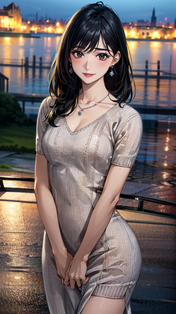 (masterpiece:1.3, Highest quality, Ultra-high resolution, Super detailed), (Realistic, photoRealistic:1.4), Beautiful illustrations, Perfect lighting, colorful, Depth of written boundary, 
Beautiful detailed hair, Beautifully detailed face, Beautiful fine details, Beautiful clavicle, Beautiful body, 美しいLarge Breasts, Beautiful thighs, Beautiful feet, Beautiful fingers, 
View Viewer、Front view:0.6, Beauty1人, Japanese, Beauty、30 years old, Perfect Face, (Perfect Anatomy, Anatomically correct), Cute and symmetrical face, Baby Face, , Shiny skin, 
((Bordeaux color:1.3, Knit dress:1.4)),Handbags、
(Black Hair, Medium straight:1.4),  Dark brown eyes, Large Breasts, Slim body, 
necklace, Small earrings:1.1, 
(Beautiful views), (night), (city, cityscape in the distance), Standing with good posture, A soft smile、(Smile, Lips parted), 