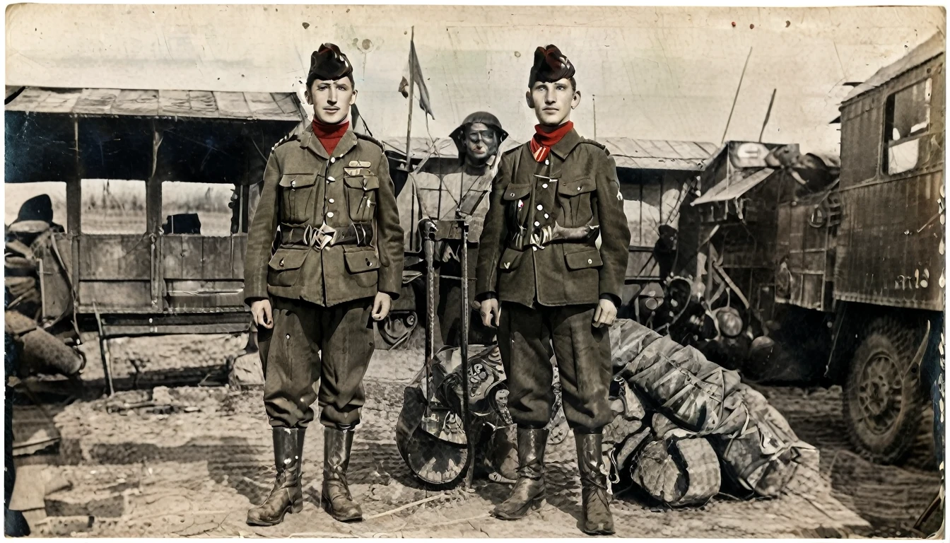 A historical black and white photograph around 1940 shows three soldiers in uniform posing in a marquee and with a beer glass in their hand and all with a mustache, World War II Germany, black and white photography, historical photograph, 32mm, ultra realistic