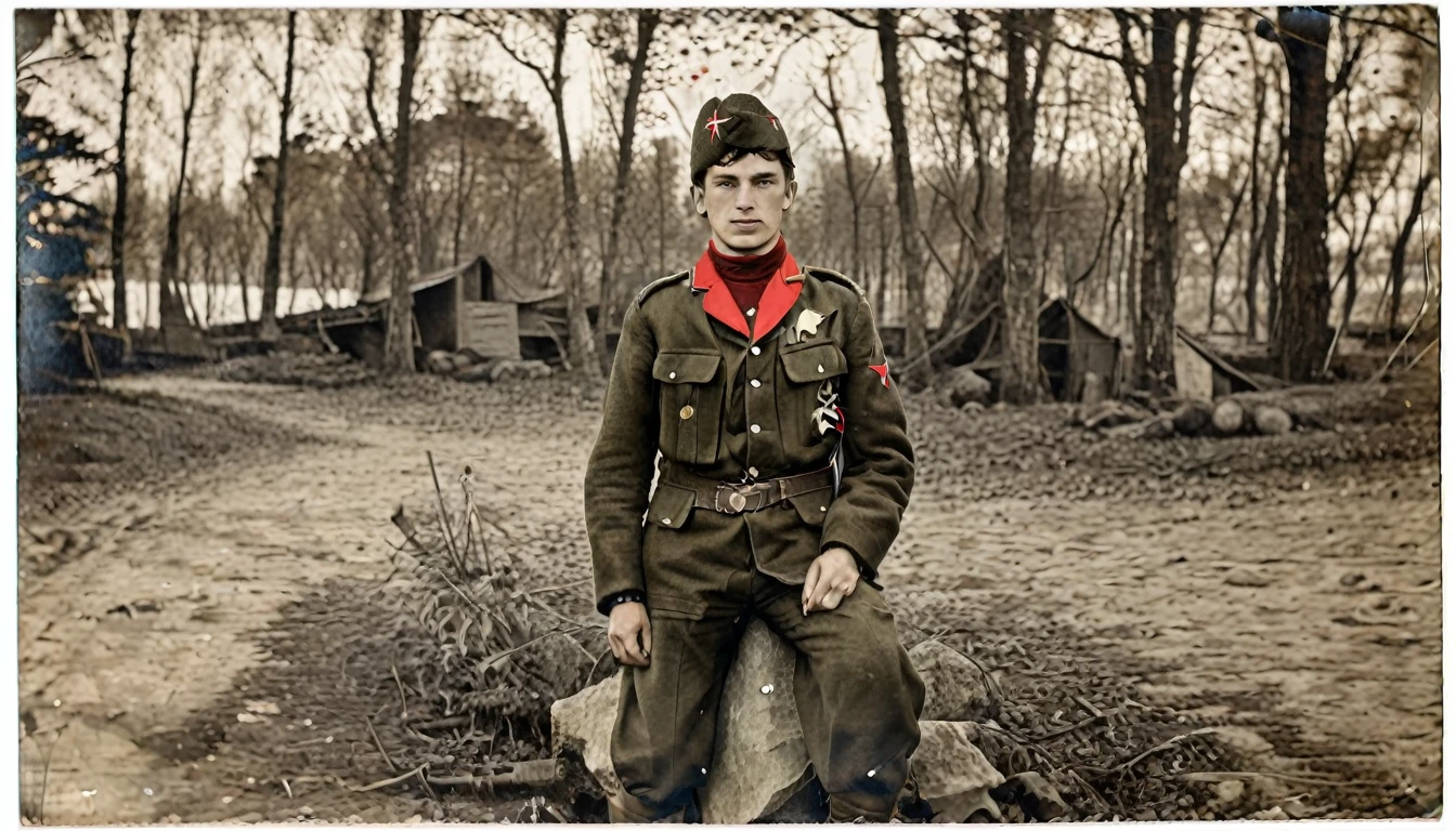 Year 1939, Young man -18 years , Dark green jacket, red turtleneck, The jacket has a red four-pointed star on the lapel.., Wearing a black vest throughout.., Wearing light green M35 Harovari pants..., Military boots, Wear a Soviet Pilotka Cap.(clamp cap) There is a red star attached to it.., Eastern Slavs(Soviet Union), Soviet Union, World War 2, ww2 old photos, ww2 military camp, 8k, Masterpiece, best quality, perfect face,