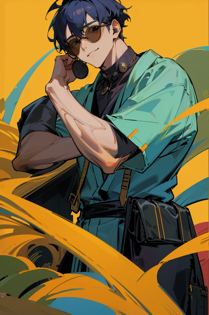 profile background, anime boy, serious face, blond hair, cyan eyes, martial arts clothing, high-res portrait, detailed eyes and face, character, fantasy, advanced urban, looking from behind at viewer, 4K, high resolution