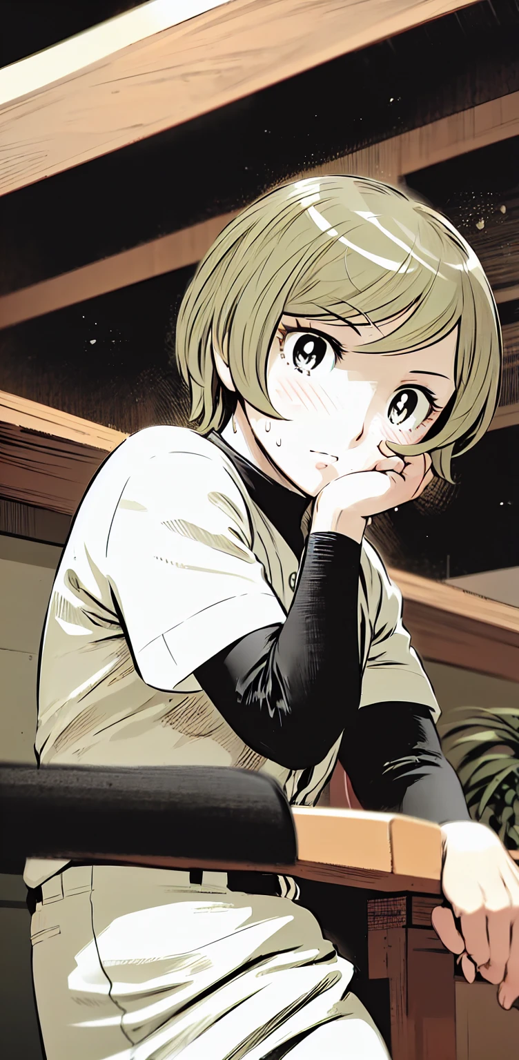 、(masterpiece、Highest quality)、Highest quality, Ultra-high resolution, (((masterpiece))), alone, Sweat、Big eyes,Show Viewer, 
blonde,(short hair:1.2), 
(Baseball uniforms:1.2), (Highest quality:1.3),One Girl,turtleneck、Black undershirt、School grounds