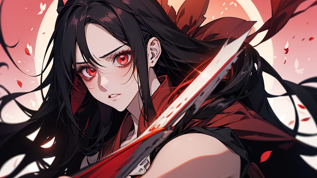 Anime girl with black hair and red petals on her face, Yandere, gapmoe Yandere, With eyes that glow red, Another close-up of Iwakura, bakemonogatari, gapmoe Yandere grimdark, Red eyes glow, By Ren, Tohsaka Rin, With red eyes, sakura petals around her, Singey