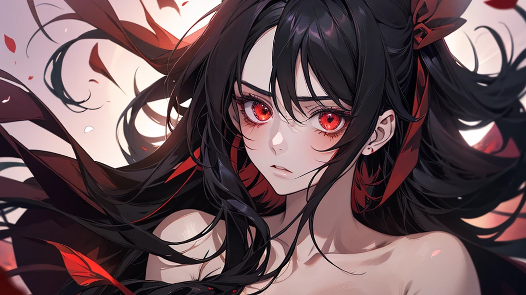 Anime girl with black hair and red petals on her face, Yandere, gapmoe Yandere, With eyes that glow red, Another close-up of Iwakura, bakemonogatari, gapmoe Yandere grimdark, Red eyes glow, By Ren, Tohsaka Rin, With red eyes, sakura petals around her, Singey