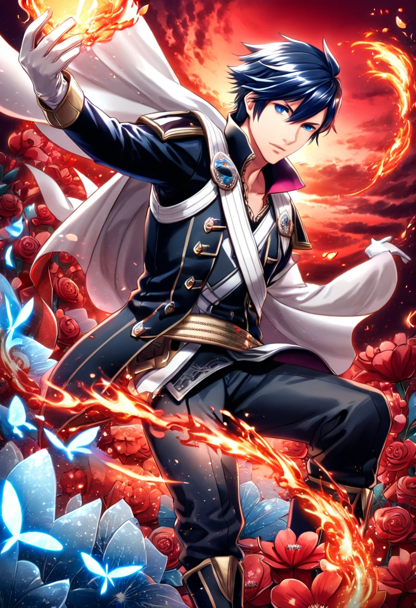 absurdres, highres, ultra detailed, HDR, master piece, best quality, Chrom, dark blue hair, expressive blue eyes, fire emblem awakening, solo, sexy man, handsome, black prince clothes, white cape, white gloves, magical, fantasy, shining, red sky, red flowers, red blossoms, red butterflies, red petals