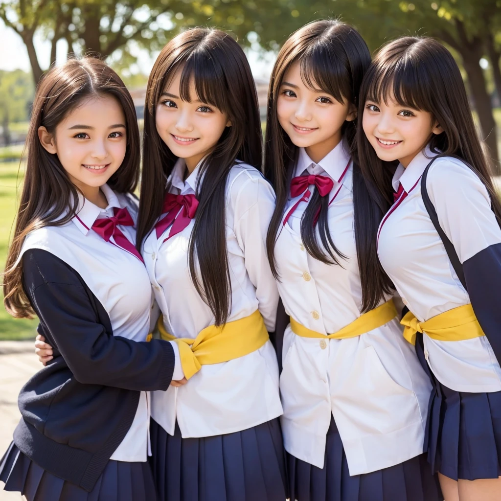best quality,8K,smile,blazer,20 girls,ribbon on uniform,chool Graduation Ceremony,middle School girls,Girl groupultiple girls are depicted,Harem,idol group,photo shoot,long hair,wearing a cardigan,highest quality,big breasts,happy girl,horny girl,yellow eyes,perfect face,standing position,girls hugging each other,letting down one's bangs,beautiful eyes,corridor,girls hugging each other,smooth hair,multicolored hair colors,naughty girl,beautiful girl,beautiful girl,loose socks