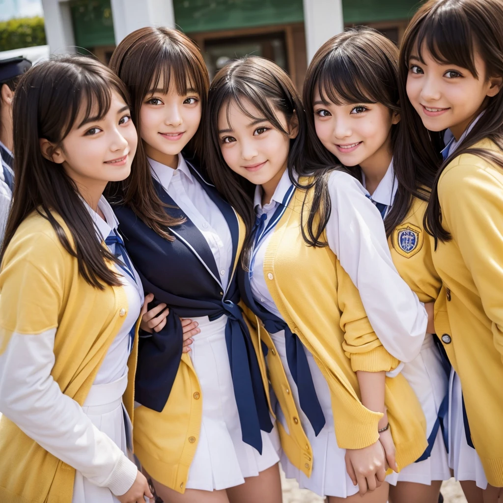 best quality,8K,smile,blazer,20 girls,ribbon on uniform,chool Graduation Ceremony,middle School girls,Girl groupultiple girls are depicted,Harem,idol group,photo shoot,long hair,wearing a cardigan,highest quality,big breasts,happy girl,horny girl,yellow eyes,perfect face,standing position,girls hugging each other,letting down one's bangs,beautiful eyes,corridor,girls hugging each other,smooth hair,multicolored hair colors,naughty girl,beautiful girl,beautiful girl,loose socks