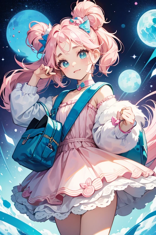She is small, light pink, and fluffy, with a pink nose and a small round tail similar to Hapihapitchi's. She has three rounded bangs on her forehead, and round ears that resemble Kiraritchi's. She also has teal eyes with oval-shaped shines, with the largest shines facing to the left. On her head, she wears a bow with a heart in the middle that looks identical to Yumemitchi's, except it is blue. She also wears a blue collar and a pink backpack that looks like a kind of Yume Kira Bag. SPARKLE; GLITTER