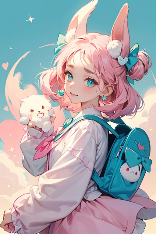 She is small, light pink, and fluffy, with a pink nose and a small round tail similar to Hapihapitchi's. She has three rounded bangs on her forehead, and round ears that resemble Kiraritchi's. She also has teal eyes with oval-shaped shines, with the largest shines facing to the left. On her head, she wears a bow with a heart in the middle that looks identical to Yumemitchi's, except it is blue. She also wears a blue collar and a pink backpack that looks like a kind of Yume Kira Bag. SPARKLE; GLITTER