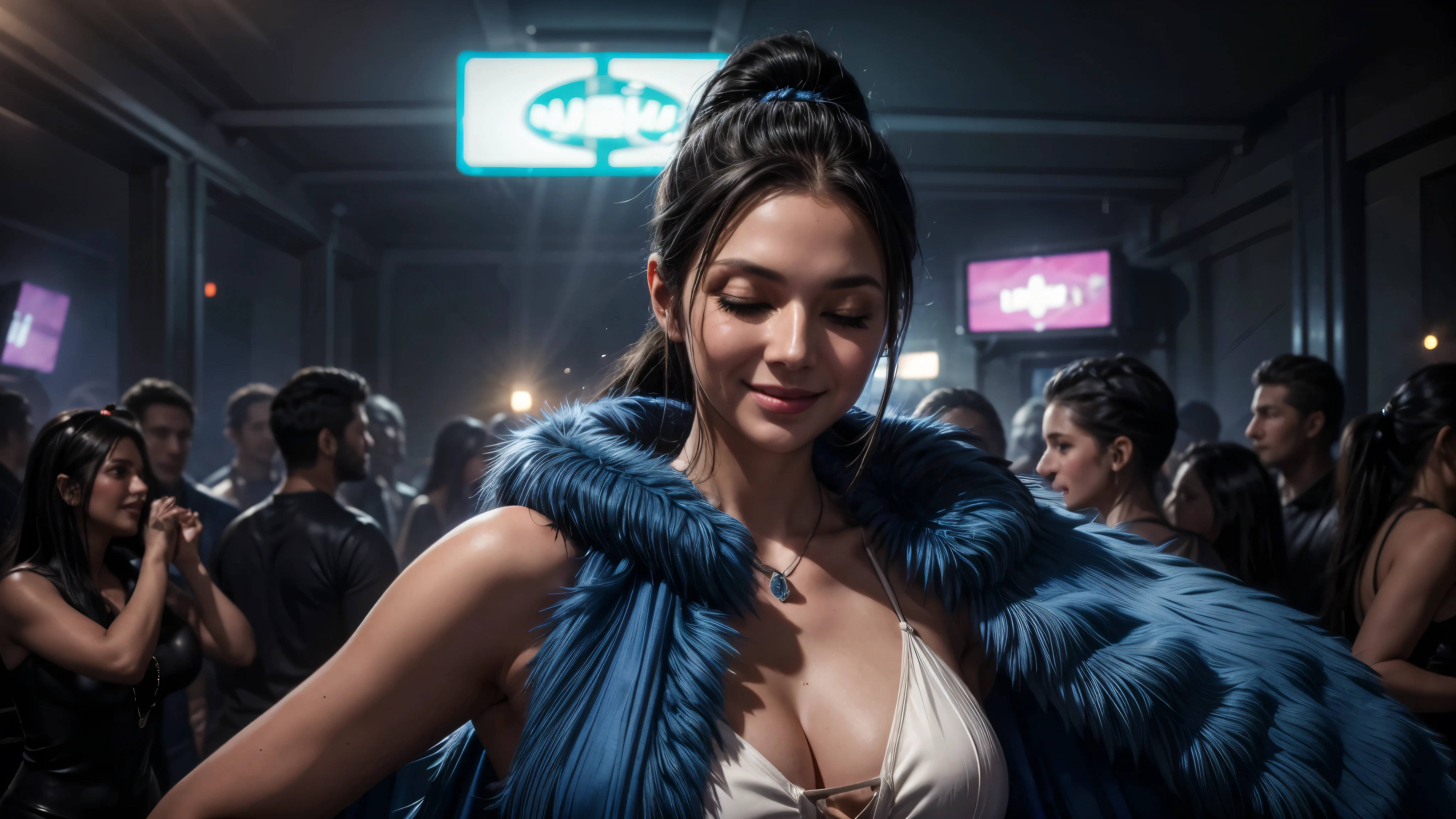 masterpiece, best quality, extremely detailed, hyperrealistic:1.1, photorealistic, a beautiful 20s russian model, ultra detailed face:1.1, sunglasses on head:1.1, blue fur shawl, white dress, high ponytail, black hair, at nightclub:1.2, nightclub light:1.1, party, music club, people dancing on the dance floor background, underground danceclub, laughing, eye closed 
